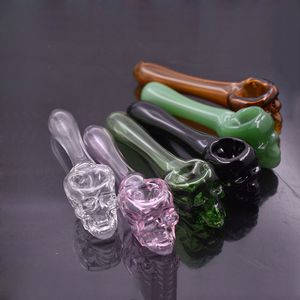 2pcs Skull Tobacco Hand Heady Glasrör Pyrex Spoon Bongs Oljebrännare Nagel Rökning Rör Tjocka 8 färger Välj