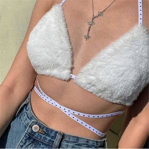 Mulheres de verão bonito peludo peludo pelúcia bralette de pelett crop top cami sexy sem mangas lace up sem costas profunda v nightclub wear x0726