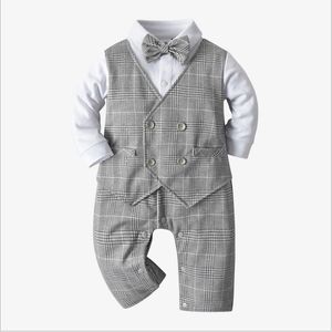 Pagliaccetti stile gentiluomo per bebè di grande qualità Primavera Autunno Toddler Boy Tute a maniche lunghe con papillon Tutina in cotone infantile