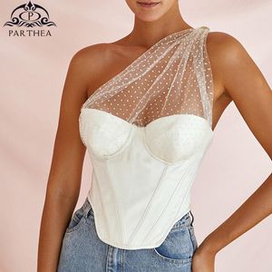 Women s Tanks Camis Parthea Boned Summer Tops Push Up Padded Polka Dot Mesh Splice Vintage Bustier White Sexy Backless Plus Size Corset