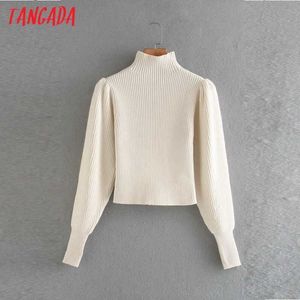 Tangada Chic Women Beige Turtleneck Sweater Vintage Ladies Short Style Striked Jumper Tops 2W37 210609