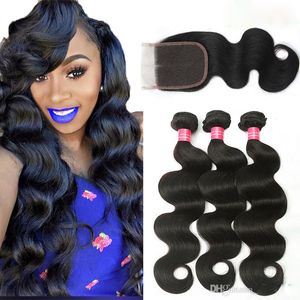 28 30inch Mink Brazilian Hair Bundles and 3PCS Body Wave Straight Water Ha ir With 4x4 Lace Closure Unprocessed Remy L oose