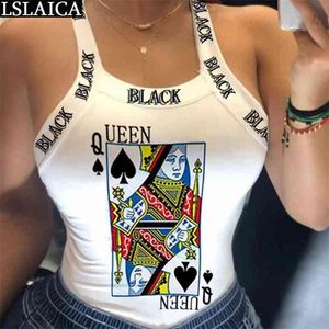 Crop Top Letra Branca Impressão de Poker Backless Criss-Cross Sexy Streetwear Fashion Party Party Night Club Senhoras Tanque S 210515