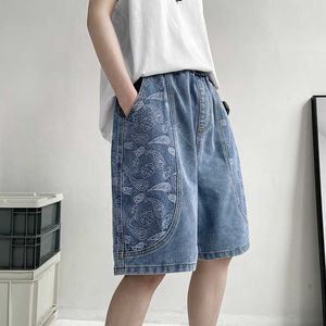 Erkek Denim Şort Streetwear Vintage Çiçek Baskı Kot Şort Erkekler Pantolon Erkekler Yaz Elastik Bel Hip Hop Kaykay Şort 210527