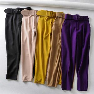 Mulheres Elegante Calças Pretas Sashes Bolsos Zíper Fly Sorridos Sorridos Streetwear Calças Chic Calças Pantalones 9 Cores 211008