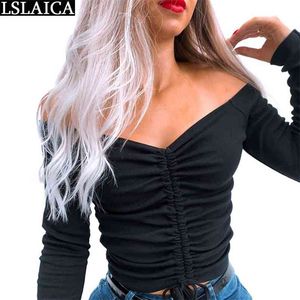Women Blouses Fashion Ruched Drawstring Solid Lady Long Sleeve Crop Top Casual Autumn Sexy Slash Neck Woman Shirts High Street 210515