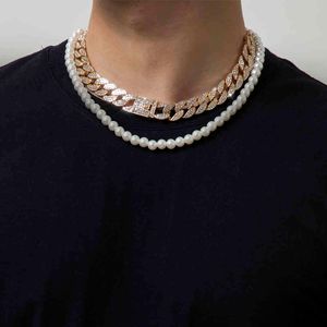 Lacteo 2 Pcs/Set Bohemian Pearls Chain Choker Necklace Punk Hip Hop Shiny Rhinestone Adjustable Slide Cuban Chain Necklace X0509