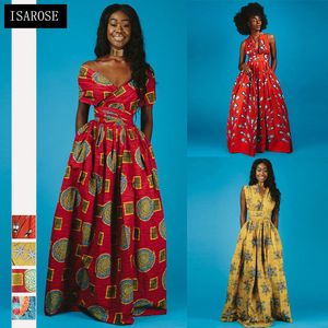 Isarose Female Dashiki Sukienka Afryki Drukowane Maxi DIY Bandaż Nosić Bazin Ankara Bez Rękawów Plus Size Party Dresses dla kobiet 210422