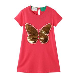 Hoppmätare Toppmärke Beading Butterfly Princess Dress For Girls Summer Clothing Cotton Party Animals Baby Dresses 210529