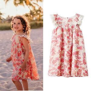 Children Beach Style Dress Summer Girls Sweet Floral Linen Cotton Dresses Kids Fancy Frocks 1-10 years Clothing 210615