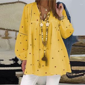 Solid Star Print Womens Tops And Blouses Summer Casual V Neck Long Sleeve Tunic Hollow Out Plus Size Loose Blouse Women's & Shirts