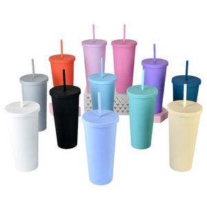 Garrafas de água acrílicas de cor fosca 16 onças copos com tampas e canudos Copo de plástico de parede dupla reutilizável Conveniente e prático