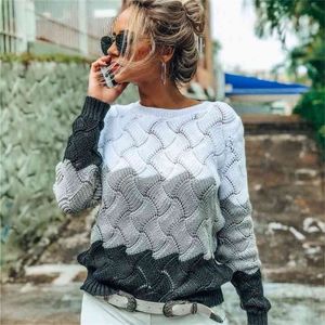 Hollow Out Paneled Pullover's Sweater O-Neck Criss Cross Stickad Kvinna Ladies Autumn Jumper S 210914