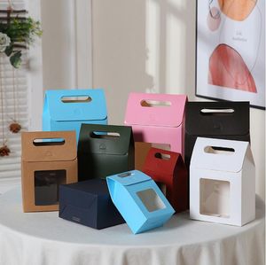 Gift Wrap Red Blue Large Open Window Cowhide Carton Bag Kraft Handle Flap Seal Box Portable Food Small Packing