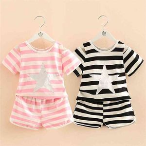 女の子服セット夏2-10歳の子供女の子スターストリッププリントラップショルダーTシャツ+ショーツスポーツ2 PCSトラックスーツセット210701