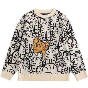 Harajuku Vintage Streetwear Kazak Erkekler Kazak Karikatür Kaplan Desen Örme Süveter Sonbahar Çift Casual Gevşek Üstleri Erkekler 211221