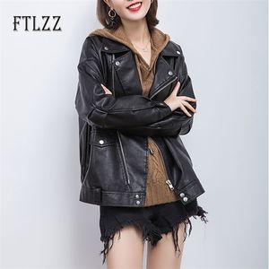 Veste en cuir de rue Femmes Lâche Zipper Manteaux courts Dames Turn Down Col Noir PVC Outwear Femme Biker Moto Vestes 210525