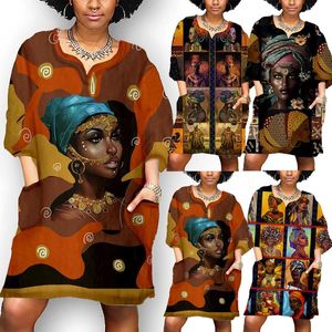 カジュアルドレス女性のためのアフリカの女性Dashikiプリント部族の民族ファッションVネックレディース服セクシーなドレスパーティーローブ2021