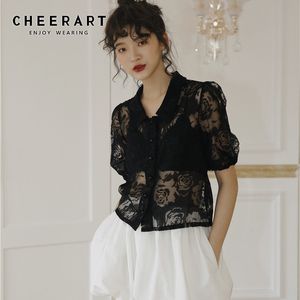 Vedere attraverso camicetta di pizzo nero vintage da donna manica a sbuffo estate abbottonatura superiore abbigliamento moda coreana da donna 210427