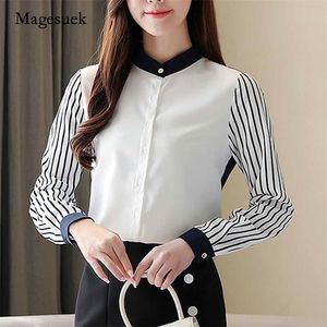 Outono escritório senhora de manga longa camisa de colarinho de pé mulheres mais tamanho chiffon senhoras tops blusa listrada coreana 10751 210518