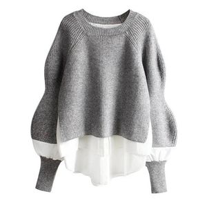 Women's Spring Knit Sweater Loose Large Size Lazy Female Casual O Neck Puff Sleeve Splicing Pullover s 210517
