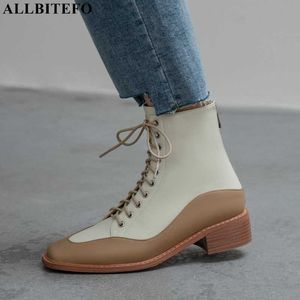 ALLBITEFO morbido naturale delle donne del cuoio genuino stivali tacchi scarpe moda per il tempo libero tacco spesso stivaletti scarpe moto stivali 210611