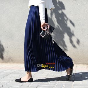 2021 Women Vintage Pleated Midi Long Skirt Female Korean Casual High Waist A Line Chiffon Mesh Skirts Jupe Faldas 18 Colors