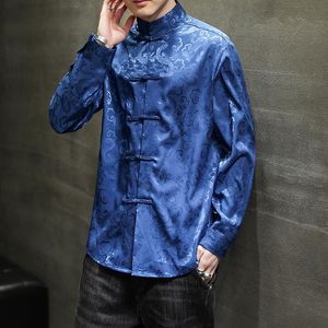 Ethnic Clothing Big Size Blue Satin Silk Shirts For Mens Buckle Elegant Tang Jackets Silver Mandarin Collar Blouse Red Chinese Year Clothes
