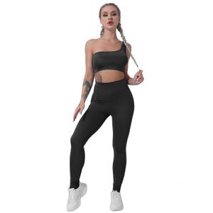 Women FitnGym Sportswear Asymmetric Single Shoulder Strap Sport Top and High Waist Pants Set for Summer Yoga Running Outfits X0629