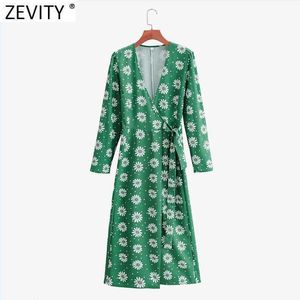 Zevity Kobiety Elegancki Cross V Neck Flower Print Casual Slim Kimono Sukienka Francuski Styl Z Długim Rękawem Lace Up Chic Vestido DS4685 210603