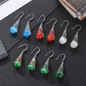 Kadın Opal Dangle Küpe Moda Bildirimi Takı Vintage Etnik Mavi Rhinestone Kedi Göz Taş Damla Küpe Buklet Oreille Femme