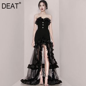 Deat女性黒い非対称のフリルパッチワークガーゼのドレス新しいストラップレスノースリーブスリムフィットファッション潮夏7E0047 210428