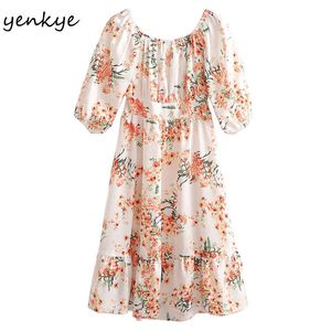 Holiday Summer Dress Women Floral Print Boho Casual Sundress Kvinna Back Knotted Hollow Out Vestido 210430