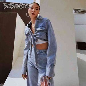 Casual Lace Up Bowknot Jacket para Mulheres Lapela Manga Longa Denim Casacos Curtos Feminino Moda Roupas Primavera 210524