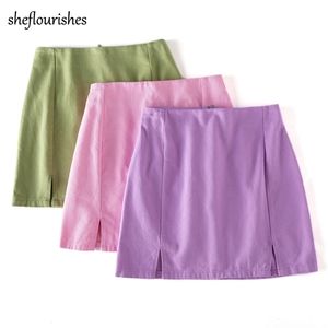 Сексуальная мини-юбка Женщины А линия повседневная высокая талия S Корейский Сплит S Фиолетовый молния Chic Pink Streetwear 210621