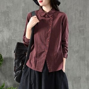 Fje Nova Primavera Mulheres Camisa Plus Size Longa Manga Casual Senhoras Tops Algodão Manta Defesa Coleira Vintage Blusa Camisas D7 210317