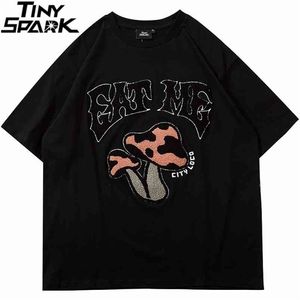 Mężczyźni Streetwear Harajuku T Shirt Hip Hop Mushroom Letter Tshirt Moda Lato Bawełna Luźne Krótki Rękaw Topy Tees Black 210716