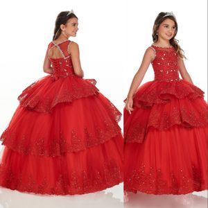 2021 Rouge Rose Robe De Bal Filles Pageant Robes Dentelle Appliques Perles De Cristal Sans Manches Tulle À Volants À Volants Enfants Fleur Fille D'anniversaire Robes Robe De Quinceanera