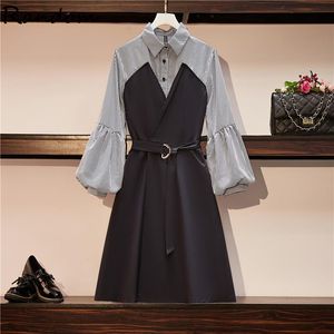 Casual Dresses Women Srtipe Elegant Workwear Office Shirt Party A Line Dress Big Lantern Long Sleeve Turndown Collar Midi Plus Size