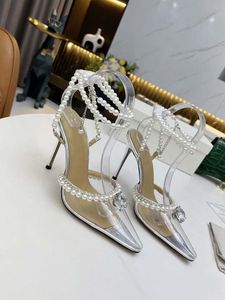 Designer moda casamento mulheres sapatos de seda sapatos de luxo de salto alto banquete mulheres mula cristal pérola decoração 9.5cm de signater slide 35-42
