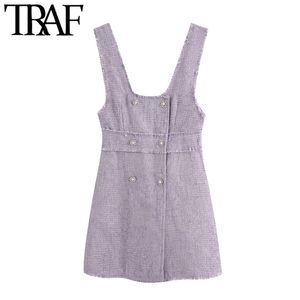 Women Sweet Fashion Double Breasted Tweed Mini Dress Vintage Frayed Trim Wide Straps Female Dresses Vestidos Mujer 210507