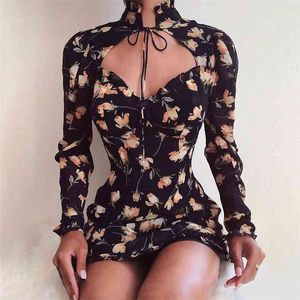 Uzun Kollu Çiçekli Elbise Kadın Sonbahar Kış Siyah Mini Parti Seksi Ön Kesim Balıkçı Yaka Boho Beach 210427