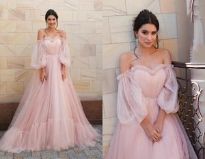 Romantic Blush Pink Puffy Sleeves Prom Formal Dresses Evening Gowns Off the shoulder Detachable Sleeve Pleated A line Tulle Brides245y