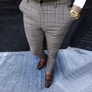 Calças casuais da moda calças xadrez estampadas com zíper masculinas joggers 2020 masculinas retas negócios justas calças masculinas plus size 2021 x0615