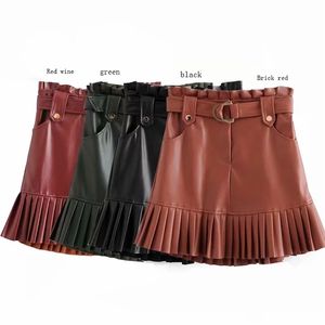 4 colors Chic Pu Leather Mini Skirt with Belt Za Fashion Women High Waist Pleated Skirts Casual Streetwear Party Faldas 210724