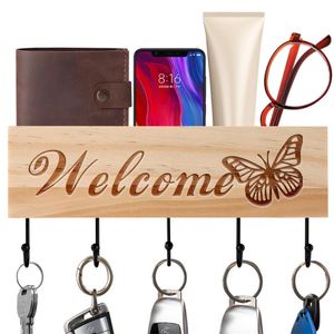 Wholesale welcome home signs for sale - Group buy Hooks Rails Unique Engraved Butterfly Welcome Sign Wood Iron Rack Home Decor Wall Mounted Key Holders Sundries Organizer