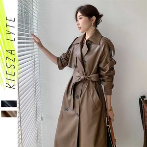 Women Long PU Leather Trench Coat Black Brown Sashes Loose Faux Leather Coats Jacket Fashion Clothing Good Quality 211011