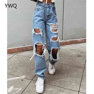 Jeans a vita alta Design a gamba dritta Design strappato in dettaglio sul front Causal Denim Denim Pantaloni con zip Fly Metallo Top Button FlasinINS 210809