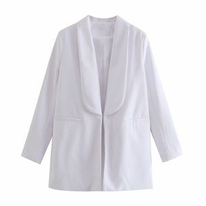 Blazer moda risvolto bianco solido per donna da ufficio Tasche capispalla casual donna Streetwear ragazza vintage 210430
