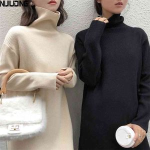 autumn winter loose long sleeve knitted dress women vintage solid Turtleneck slim Split a-Line dresses female 210514